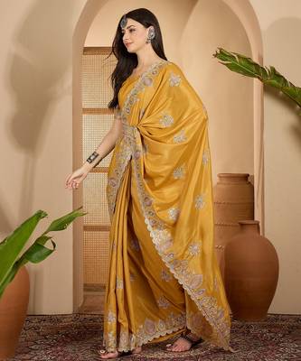 mustard yellow chocolate silk blend embroidered saree with belt sequence work designer festive saree 3