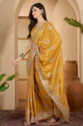 mustard yellow chocolate silk blend embroidered saree with belt sequence work designer festive saree