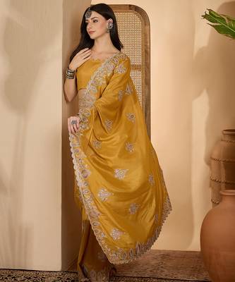 mustard yellow chocolate silk blend embroidered saree with belt sequence work designer festive saree 4