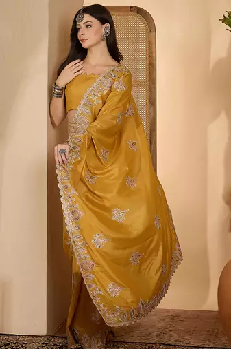mustard yellow chocolate silk blend embroidered saree with belt sequence work designer festive saree