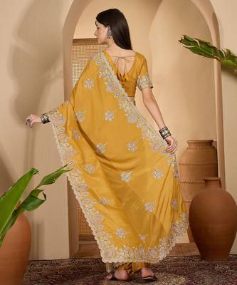 mustard yellow chocolate silk blend embroidered saree with belt sequence work designer festive saree 5
