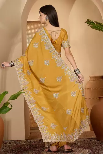 mustard yellow chocolate silk blend embroidered saree with belt sequence work designer festive saree
