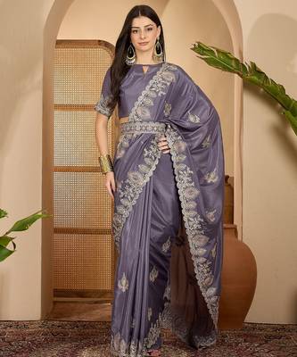 smoky grey chocolate silk blend embroidered saree with belt sequence work designer festive saree 1