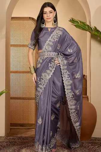 smoky grey chocolate silk blend embroidered saree with belt sequence work designer festive saree