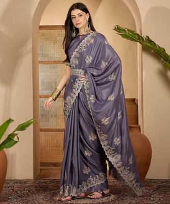smoky grey chocolate silk blend embroidered saree with belt sequence work designer festive saree 2