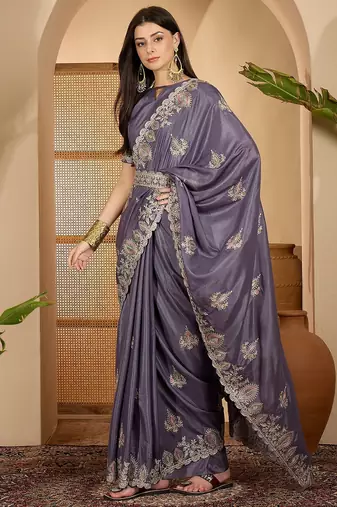 smoky grey chocolate silk blend embroidered saree with belt sequence work designer festive saree