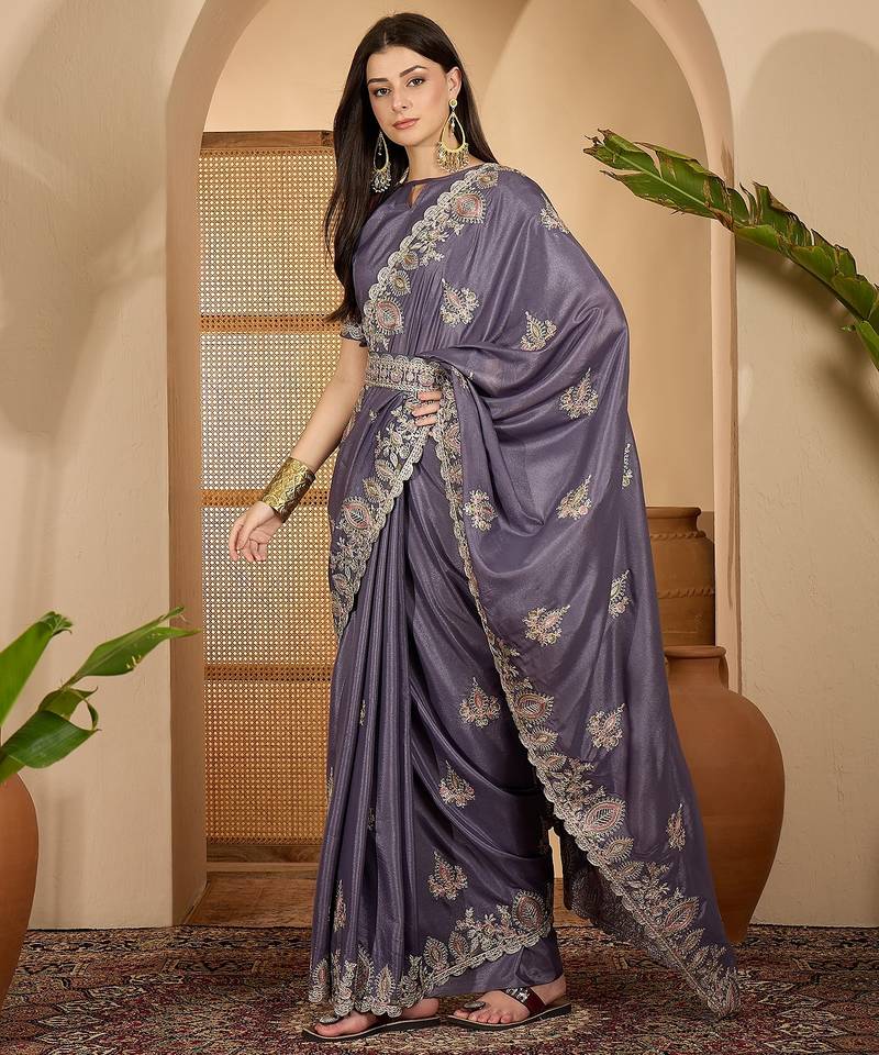 smoky grey chocolate silk blend embroidered saree with belt sequence work designer festive saree