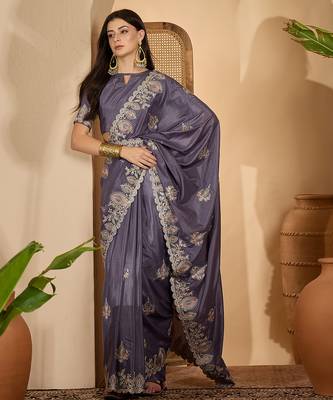 smoky grey chocolate silk blend embroidered saree with belt sequence work designer festive saree 3