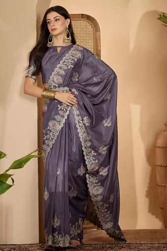 smoky grey chocolate silk blend embroidered saree with belt sequence work designer festive saree