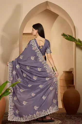 smoky grey chocolate silk blend embroidered saree with belt sequence work designer festive saree