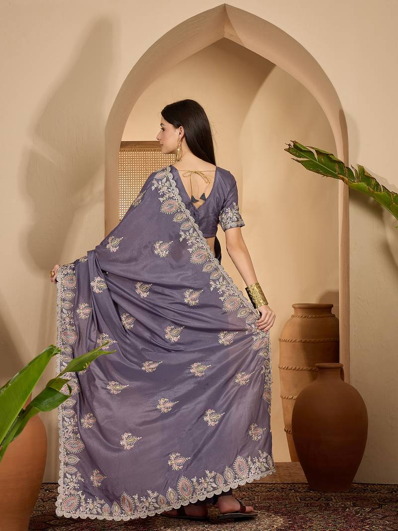 smoky grey chocolate silk blend embroidered saree with belt sequence work designer festive saree