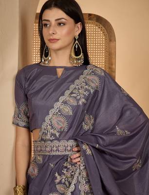 smoky grey chocolate silk blend embroidered saree with belt sequence work designer festive saree 5