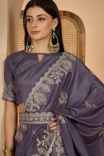 smoky grey chocolate silk blend embroidered saree with belt sequence work designer festive saree
