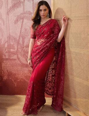 Maroon embroidered sheer saree with floral motifs 1