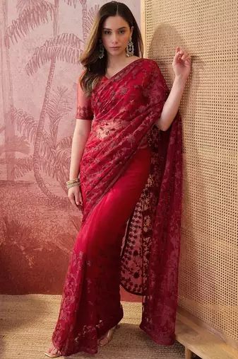 Maroon embroidered sheer saree with floral motifs