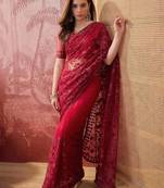 Maroon embroidered sheer saree with floral motifs