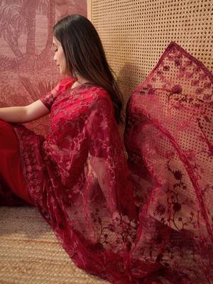 Maroon embroidered sheer saree with floral motifs 2