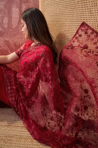 Maroon embroidered sheer saree with floral motifs