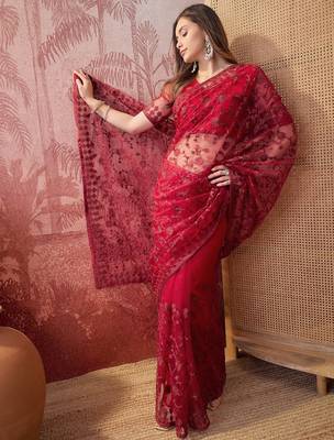 Maroon embroidered sheer saree with floral motifs 3