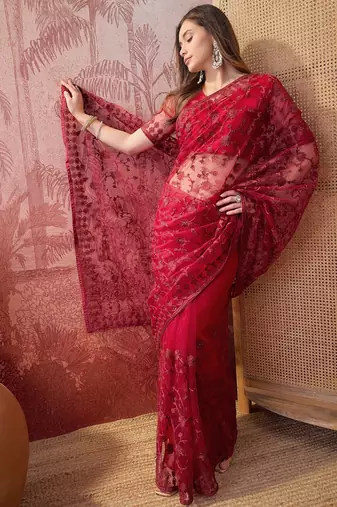 Maroon embroidered sheer saree with floral motifs