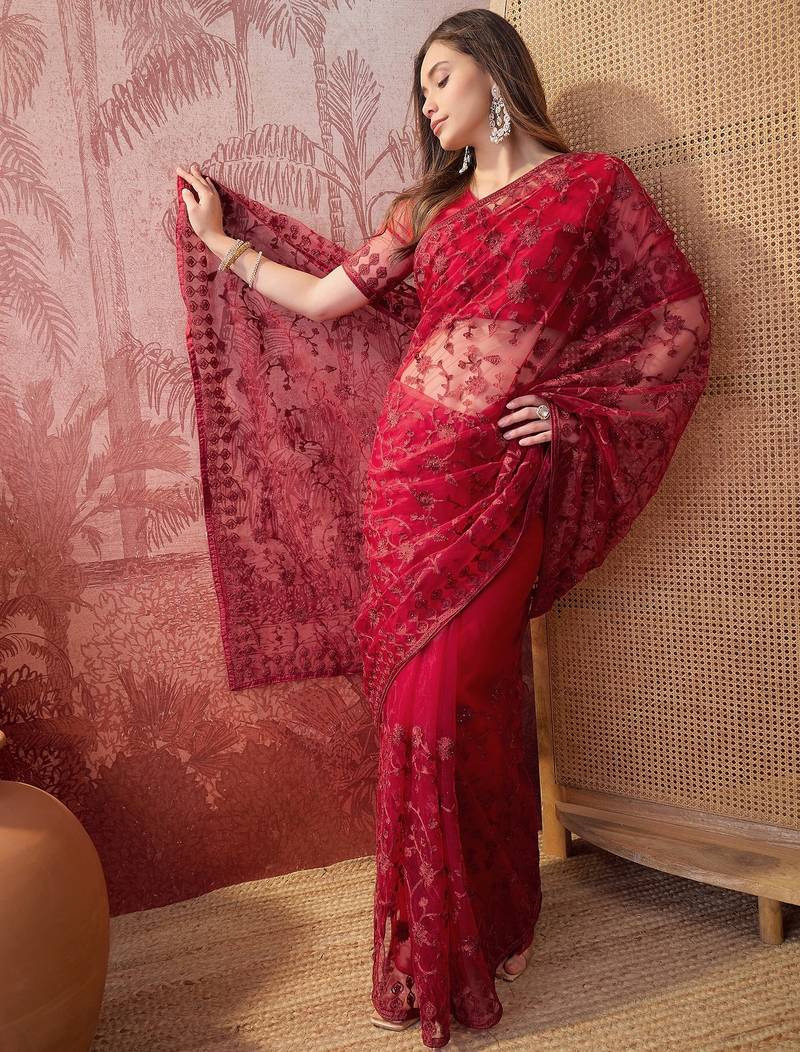 Maroon embroidered sheer saree with floral motifs