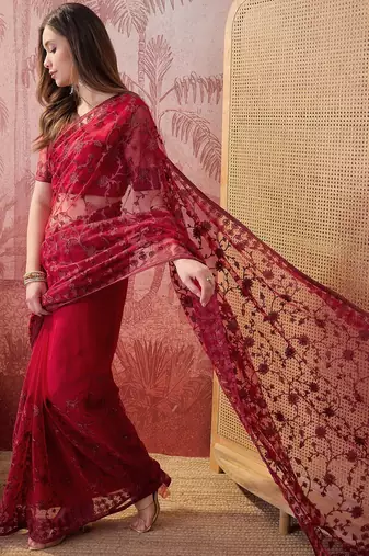 Maroon embroidered sheer saree with floral motifs