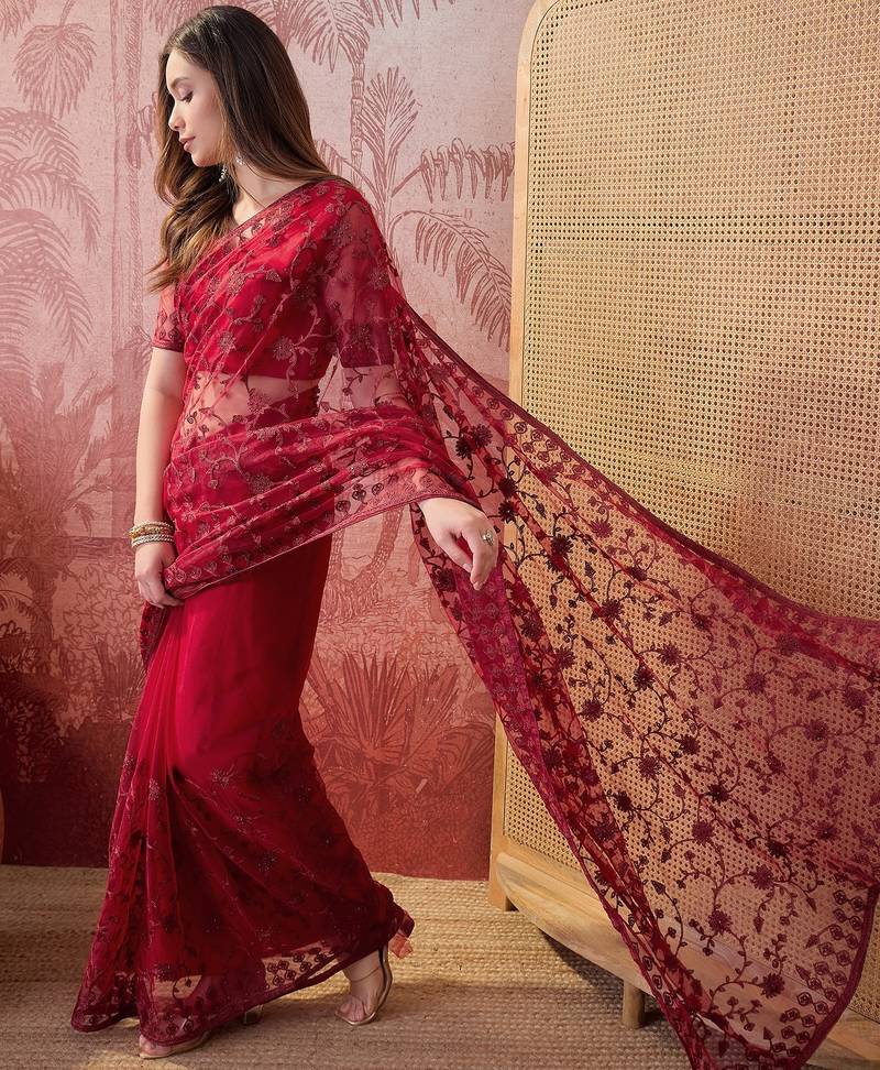 Maroon embroidered sheer saree with floral motifs