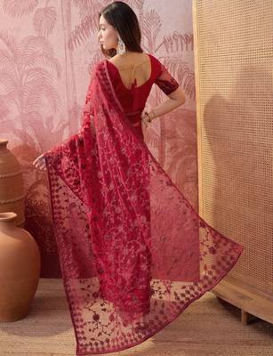 Maroon embroidered sheer saree with floral motifs 5