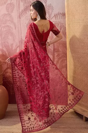 Maroon embroidered sheer saree with floral motifs