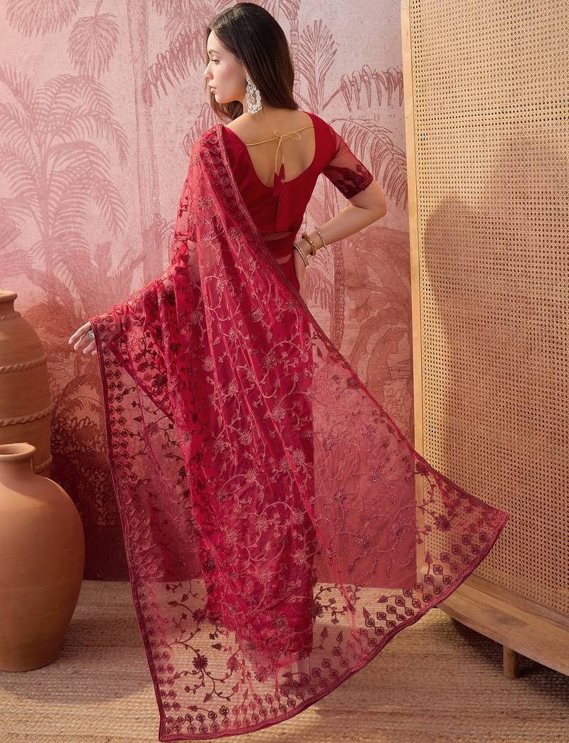 Maroon embroidered sheer saree with floral motifs