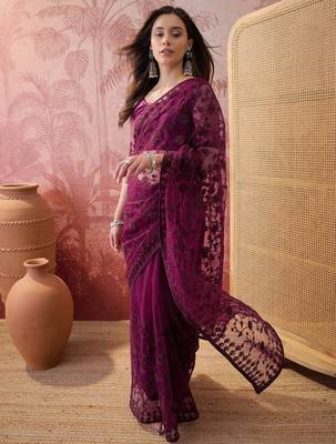 Purple embroidered sheer saree with floral motifs 1