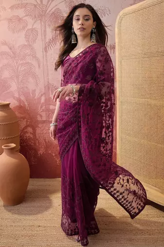 Purple embroidered sheer saree with floral motifs