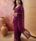 Purple embroidered sheer saree with floral motifs