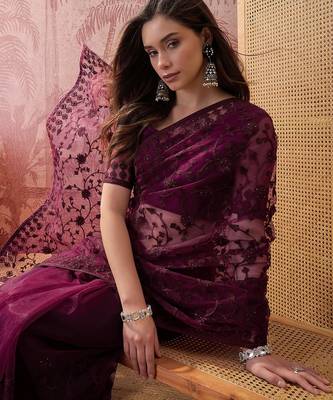 Purple embroidered sheer saree with floral motifs 2