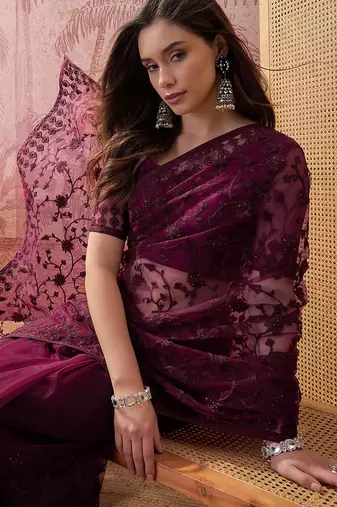 Purple embroidered sheer saree with floral motifs