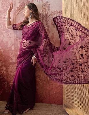 Purple embroidered sheer saree with floral motifs 3
