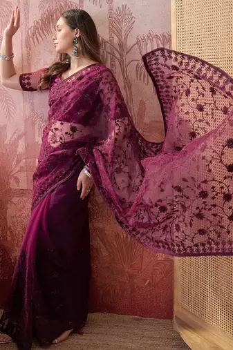 Purple embroidered sheer saree with floral motifs