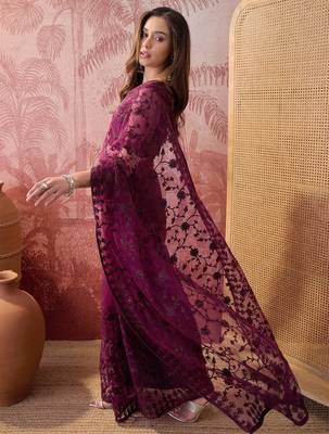 Purple embroidered sheer saree with floral motifs 4