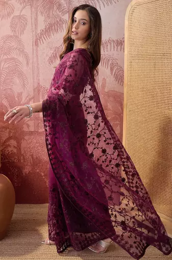Purple embroidered sheer saree with floral motifs