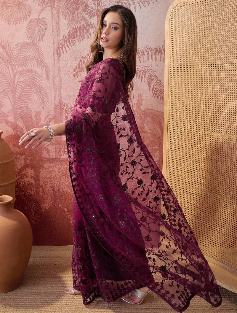 Purple embroidered sheer saree with floral motifs