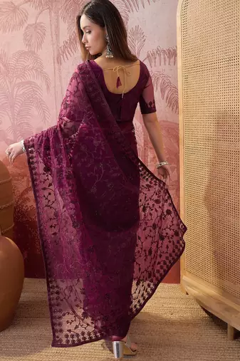 Purple embroidered sheer saree with floral motifs