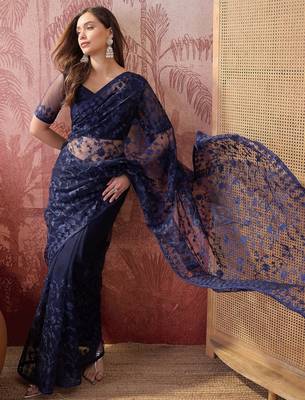 Navy blue embroidered sheer saree with floral motifs 1