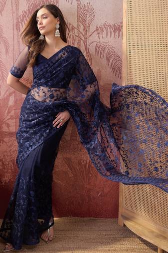 Navy blue embroidered sheer saree with floral motifs