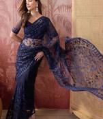 Navy blue embroidered sheer saree with floral motifs