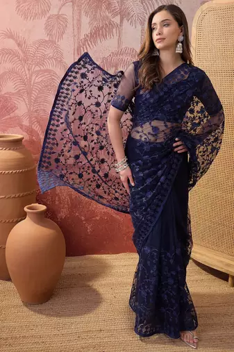 Navy blue embroidered sheer saree with floral motifs
