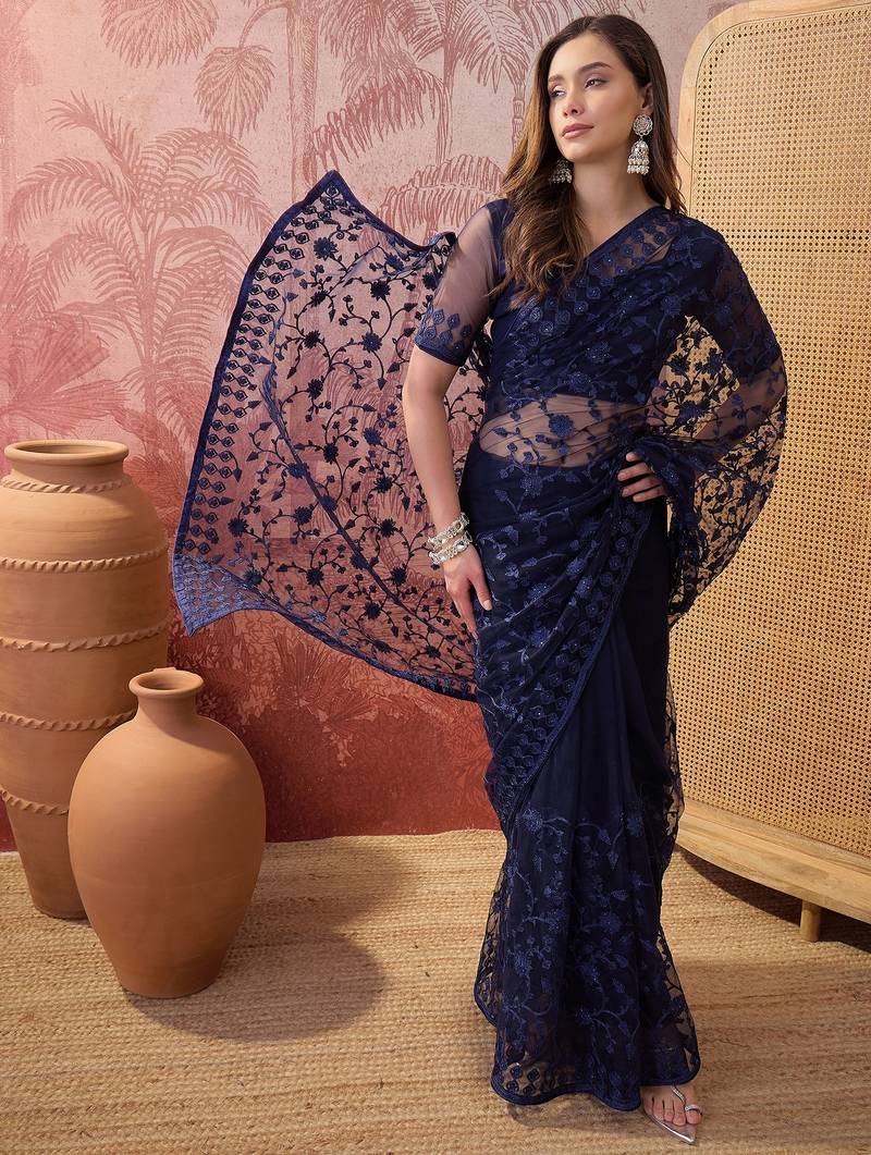 Navy blue embroidered sheer saree with floral motifs