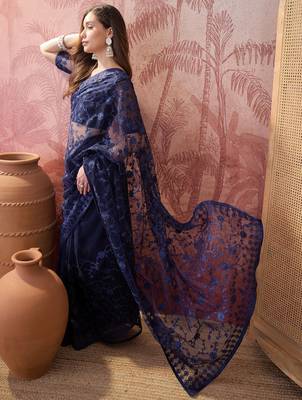 Navy blue embroidered sheer saree with floral motifs 4
