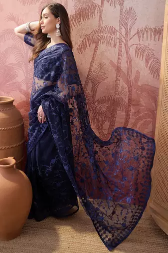 Navy blue embroidered sheer saree with floral motifs