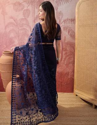 Navy blue embroidered sheer saree with floral motifs 5