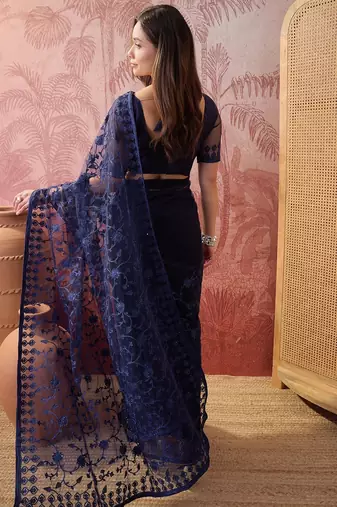 Navy blue embroidered sheer saree with floral motifs